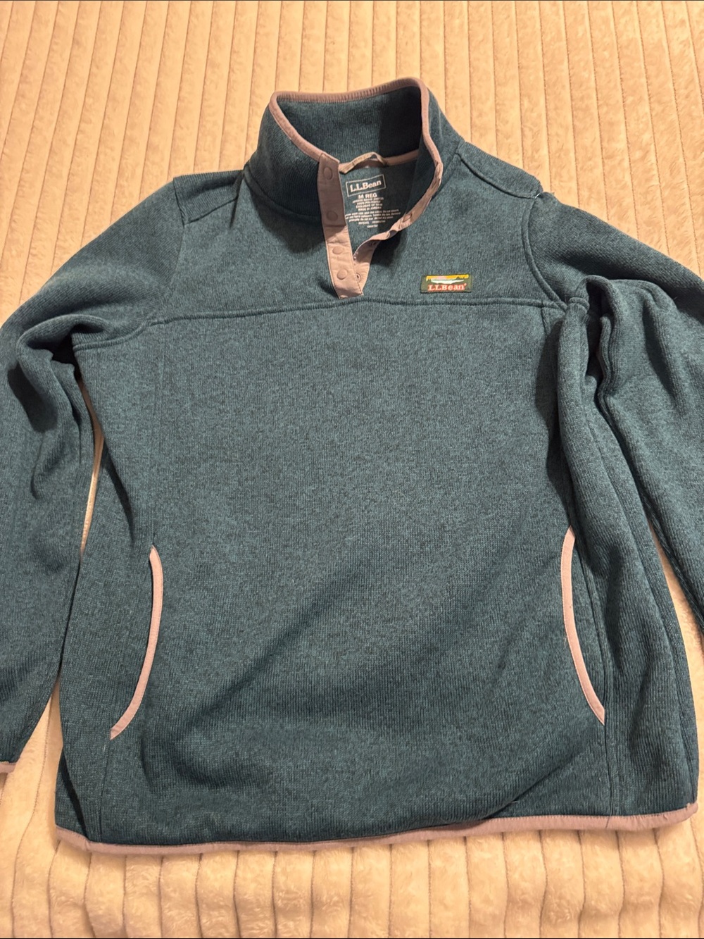 L.L. Bean Teal Snap-Quarter Fleece Pullover with Tan Trim